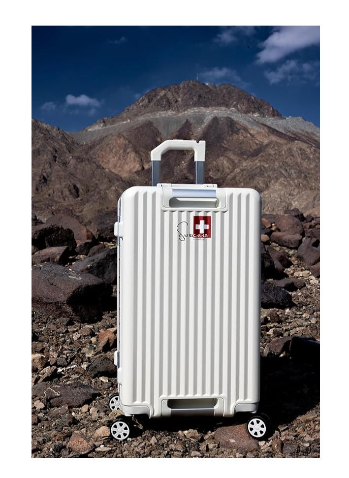 SWISSCASE Carry On Luggage, Hardshell Two-Sided Handle PC, 20 Inches, Aluminium Frame, Double Spinner Wheels, White BTL-E045