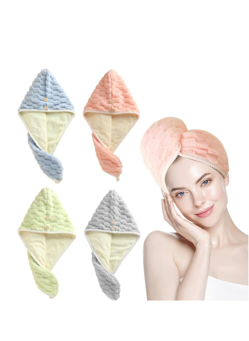 Microfiber Hair Towel, 4 Pcs Anti Frizz Hair Drying Towel for Girls Fast Drying, Hair Turban with Adjustable Button, Hair Towel Wrap for Women Wet Hair, Perfect for Home or Travel Use