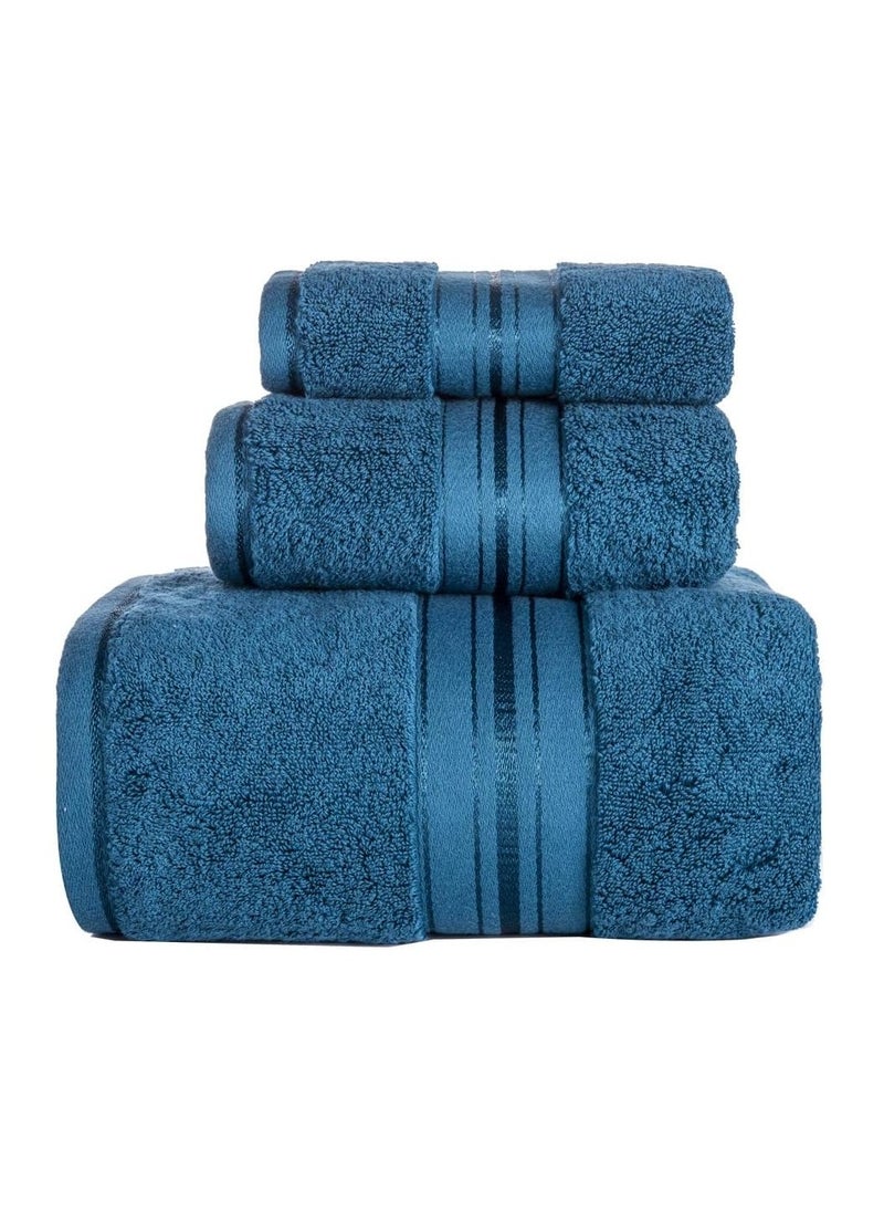 Luxury Bath Towels Set 3 Pack, Towel Set 100% Cotton (1 Large Bath Towel, 1 Hand Towel, 1 Washcloth) Ultra Soft and Highly Absorbent, for Bathroom, Hotel, Spa, Beach and Gym-Blue