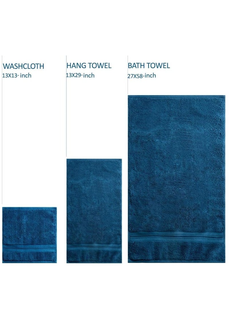 Luxury Bath Towels Set 3 Pack, Towel Set 100% Cotton (1 Large Bath Towel, 1 Hand Towel, 1 Washcloth) Ultra Soft and Highly Absorbent, for Bathroom, Hotel, Spa, Beach and Gym-Blue