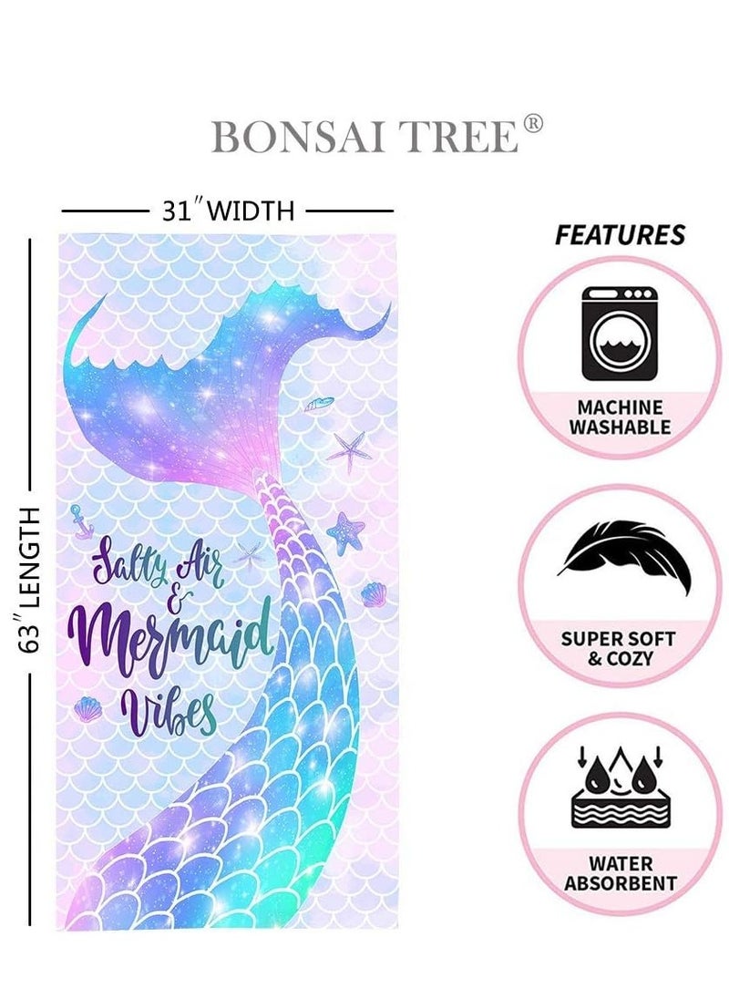 Tree Mermaid Beach Towel, Mermaid Tail Cute Microfiber Bath Towel for Girls, Mermaid Scales Sand Free Quick Dry Womens Travel Towels for Yoga Sports (80*160cm)