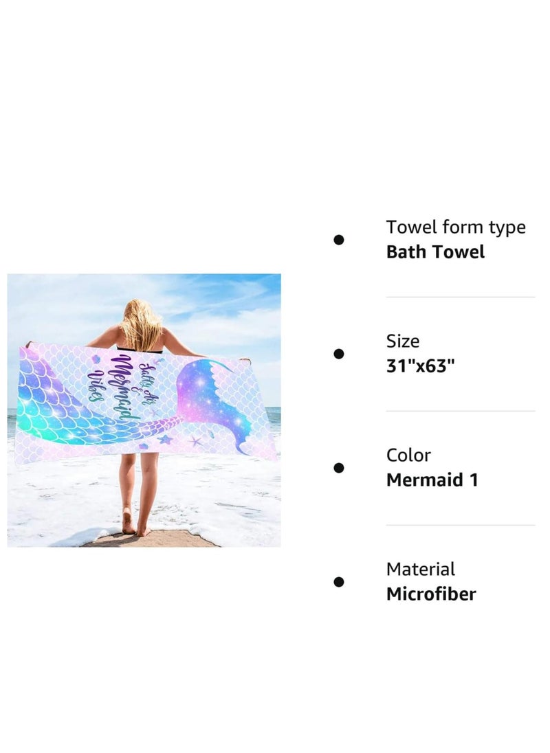 Tree Mermaid Beach Towel, Mermaid Tail Cute Microfiber Bath Towel for Girls, Mermaid Scales Sand Free Quick Dry Womens Travel Towels for Yoga Sports (80*160cm)