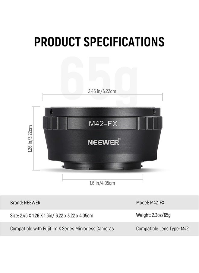 NEEWER M42 to Fuji X Lens Mount Adapter Compatible with M42 Lens to Fujifilm X Series Mirrorless Camera X-T2 X-T3 X-T5 X-T20 X-Pro3 X-Pro2 etc, Matte Black Interior, Manual Focus Only, M42-FX