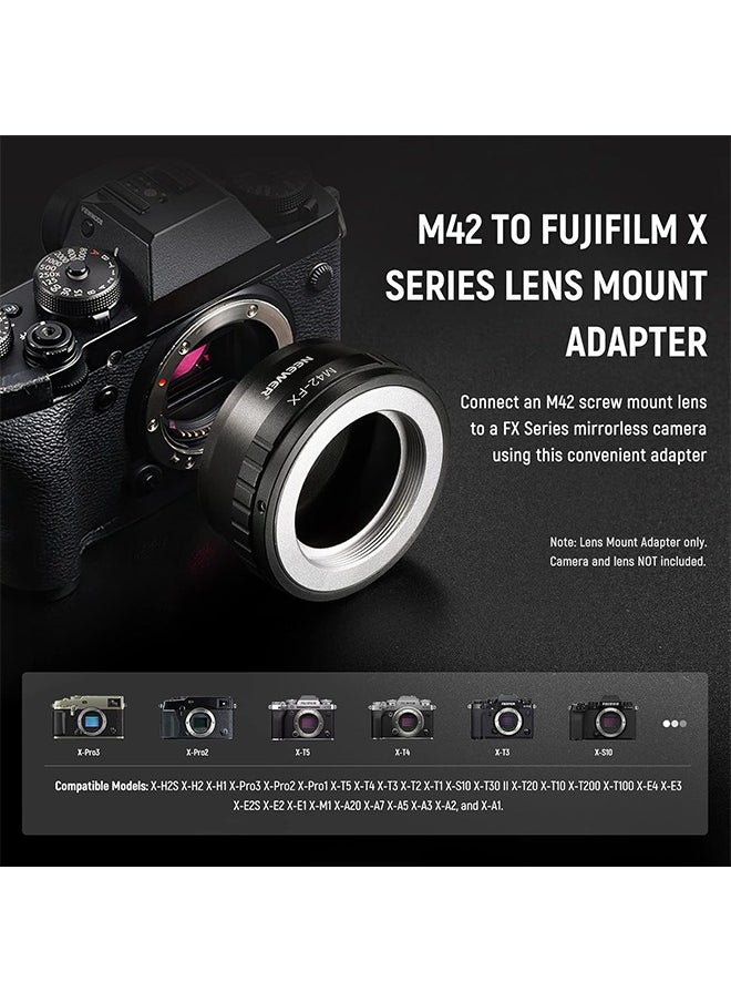 NEEWER M42 to Fuji X Lens Mount Adapter Compatible with M42 Lens to Fujifilm X Series Mirrorless Camera X-T2 X-T3 X-T5 X-T20 X-Pro3 X-Pro2 etc, Matte Black Interior, Manual Focus Only, M42-FX