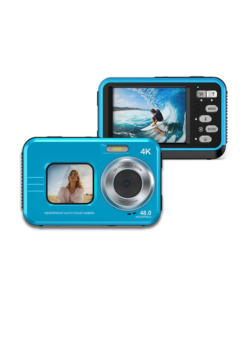 4K Underwater Camera 11FT Waterproof Camera with 64GB Card 48MP Autofocus Dual-Screen Selfie Underwater Camera for Snorkeling(Blue)