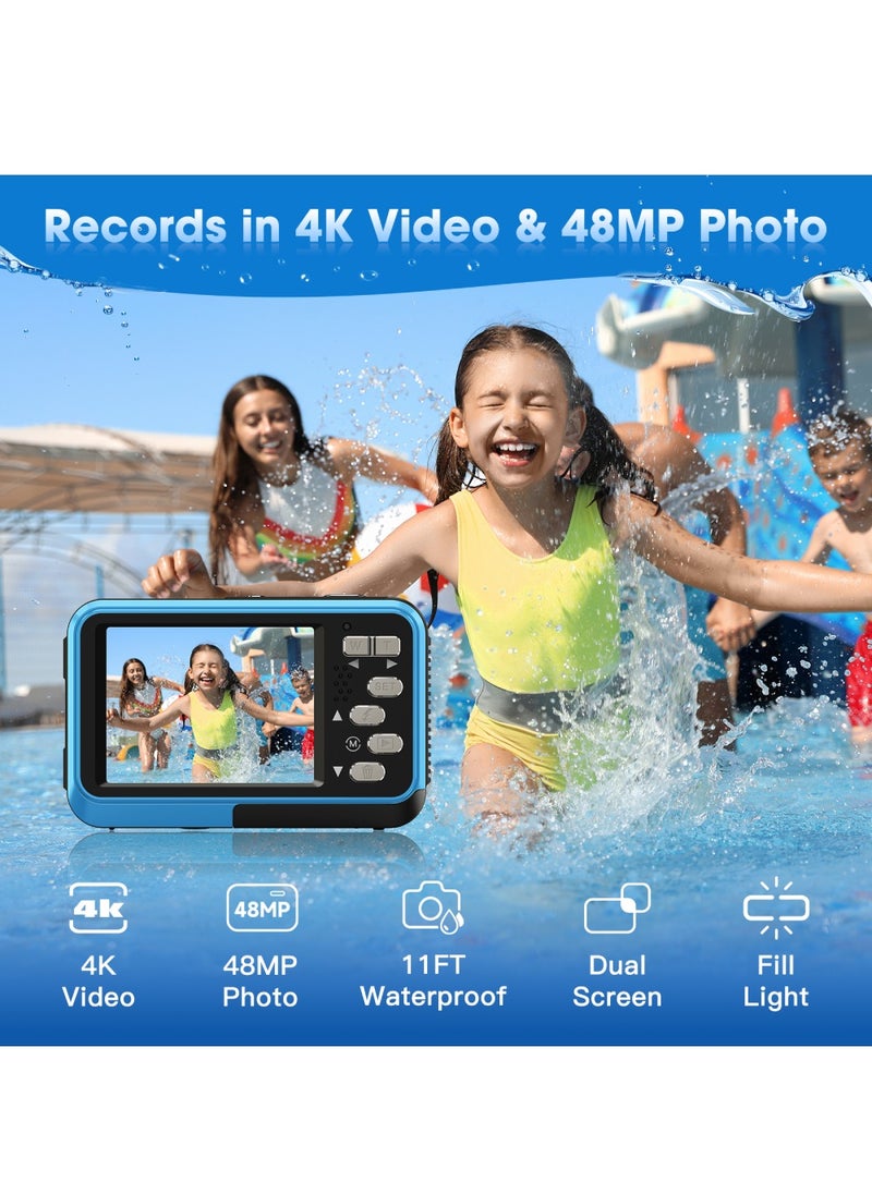 4K Underwater Camera 11FT Waterproof Camera with 64GB Card 48MP Autofocus Dual-Screen Selfie Underwater Camera for Snorkeling(Blue)