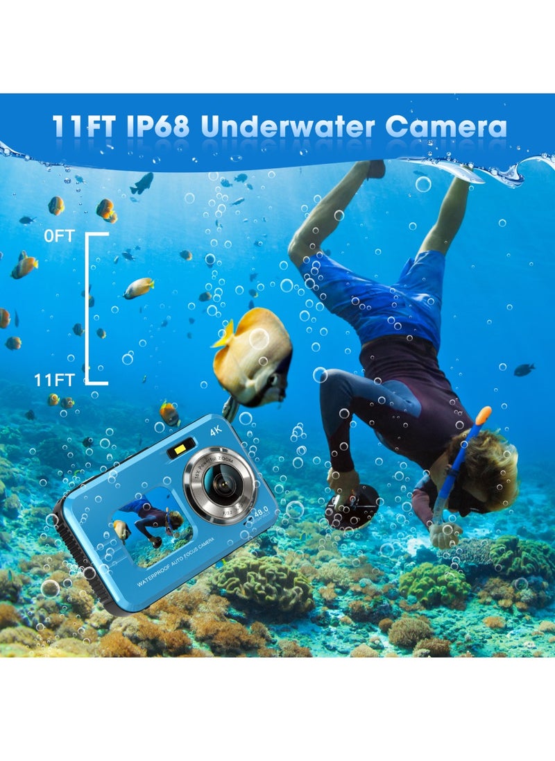 4K Underwater Camera 11FT Waterproof Camera with 64GB Card 48MP Autofocus Dual-Screen Selfie Underwater Camera for Snorkeling(Blue)