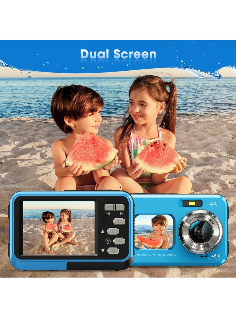 4K Underwater Camera 11FT Waterproof Camera with 64GB Card 48MP Autofocus Dual-Screen Selfie Underwater Camera for Snorkeling(Blue)