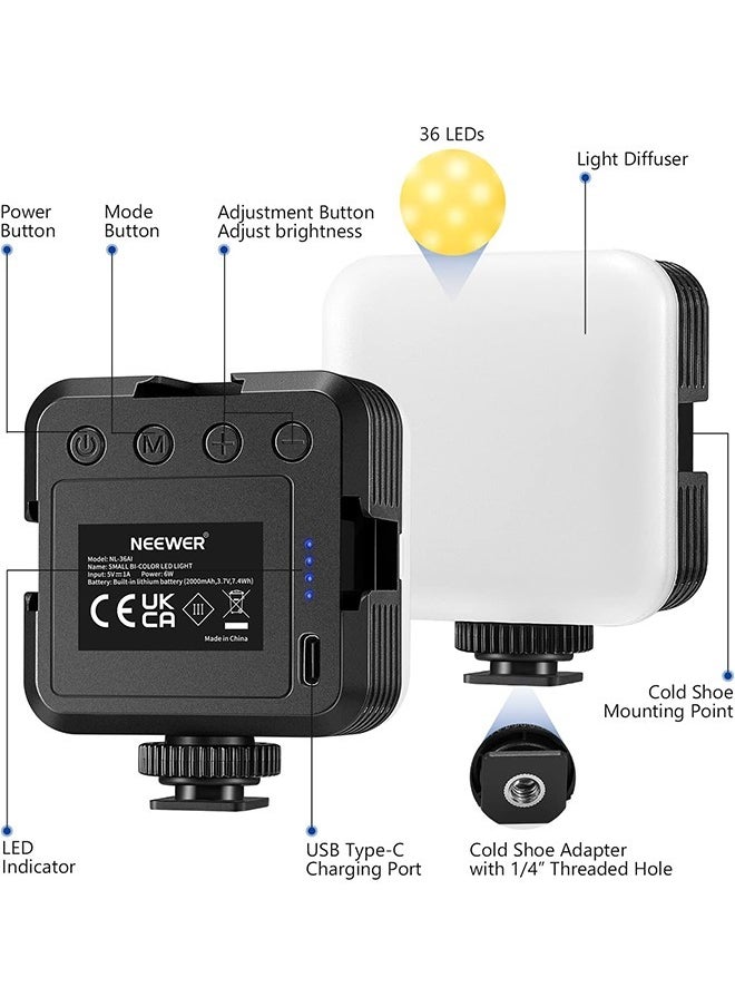 NEEWER LED Video Light,Portable Bi-Color 3200K~5600K Dimming Lights for Cameras, CRI 97+, 8 Scene Modes, 2000mAh Rechargeable Battery for Gaming/YouTube/Vlog/Photography - NL-36AI