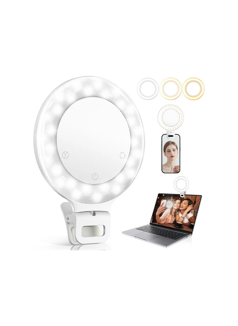 Ring Light, 3 Light Mode Selfie Light Rechargeable for Zoom Meetings Large Capacity Battery Portable 60 LED Adjustable Brightness Clip, for Phone, for iPad, Laptop, for Makeup, Photography, Vlog