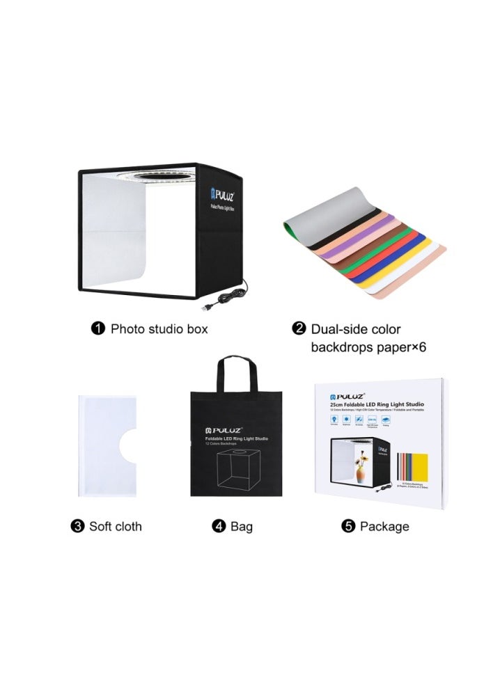 PULUZ 25 CM FOLDING HIGH 97 CRI RING LIGHT PHOTO LIGHTING STUDIO SHOOTING TENT BOX KIT WITH 6 COLORS BACKDROPS BLACK PU5025B