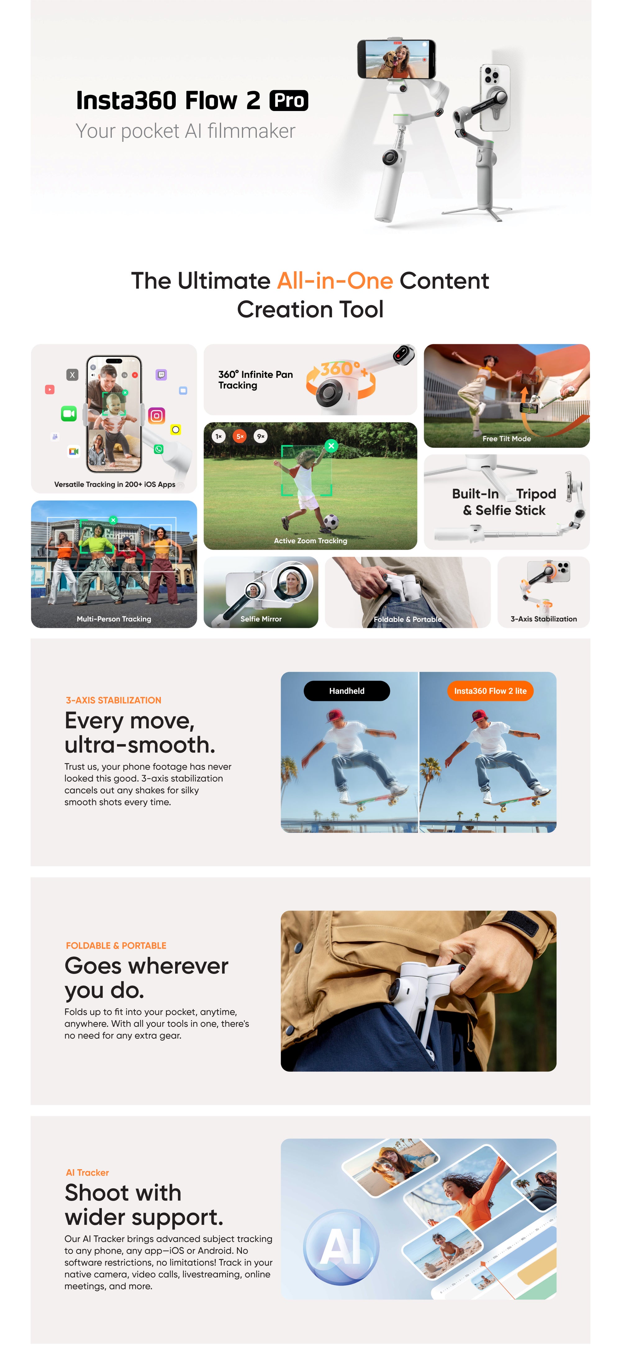 FLOW 2 PRO | Standard Bundle | Ultimate AI Tracking Gimbal Stabilizer. Achieve smooth, pro-level shots with advanced AI tracking and sleek design. Perfect for creators on the go! – Stone Grey