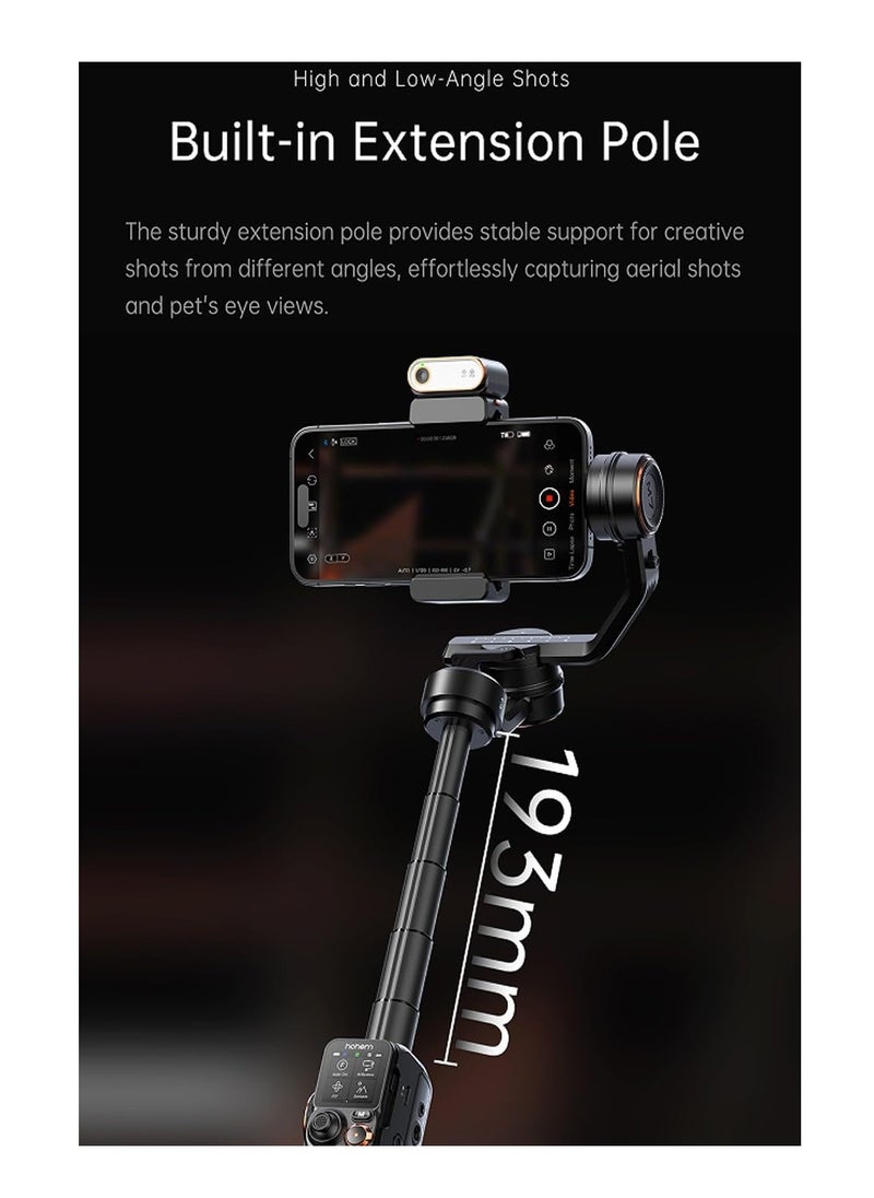 Hohem M7 - Handheld Mobile Gimbal with AI Trackers, Fill Light, Extension Pole and Detachable Touch Screen Remote