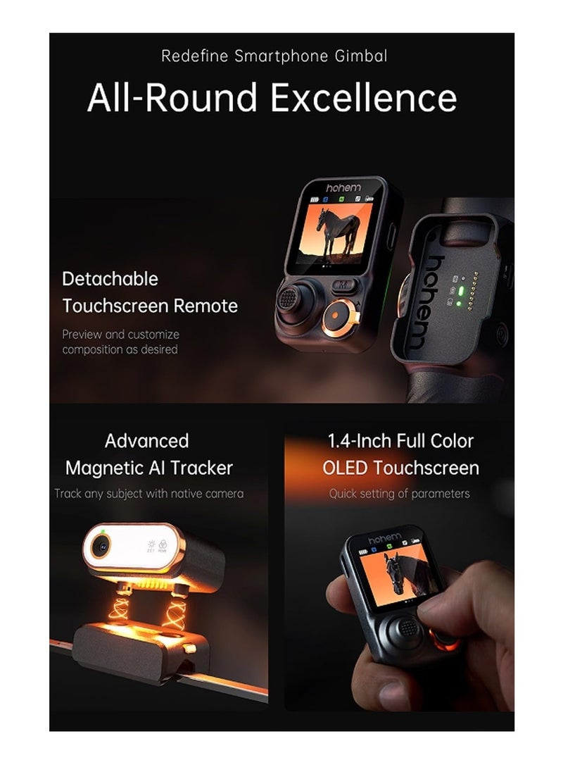 Hohem M7 - Handheld Mobile Gimbal with AI Trackers, Fill Light, Extension Pole and Detachable Touch Screen Remote