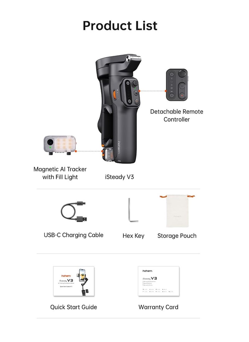 hohem Gimbal Stabilizer for Smartphone iSteady V3,Portable Phone Stabilizers with Al Tracker Detachable Remote Control Built-in Extension Rod