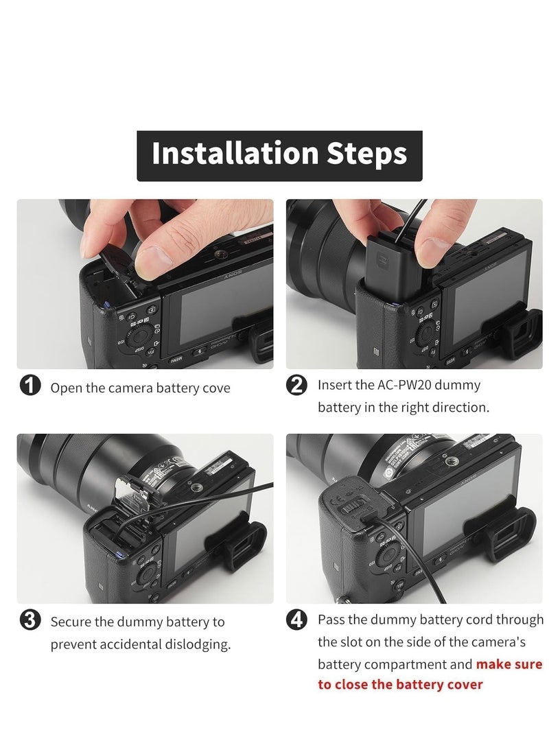 AC PW20 Power Supply Adapter & NP-FW50 Dummy Battery Kit for Sony Alpha Cameras – Compatible with A6500, A6400, A6300, A6100, A6000, A5100, A7 Series, RX10, ZV-E10 – Continuous Power for Photography & Videography