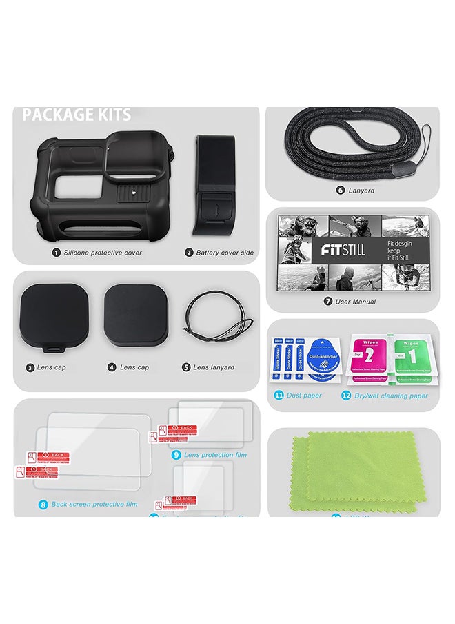 Accessories Kit for Go Pro 13 Black, Protective Silicone Sleeve Rubber Case with Lens Cap+  Screen Protector + Battery Side Cover + Lanyard