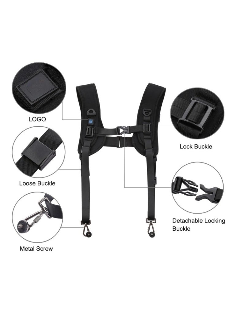 Professional Camera Dual Shoulder Harness, Quick Release DSLR Strap, Black, Adjustable Comfort Sling