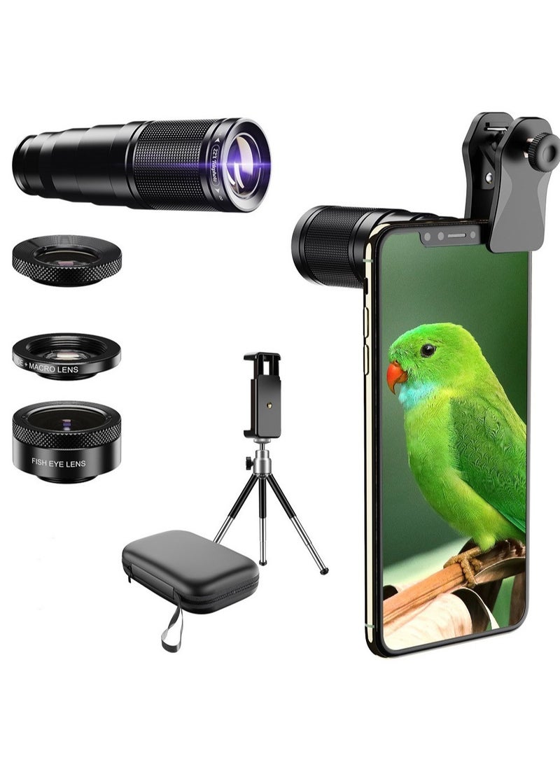 APEXEL 4 in 1 Optic HD Phone Camera Lens Kit Telephoto Zoom Monocular Telescope 22X Lens + Macro Wide Fisheye With Remote Tripod