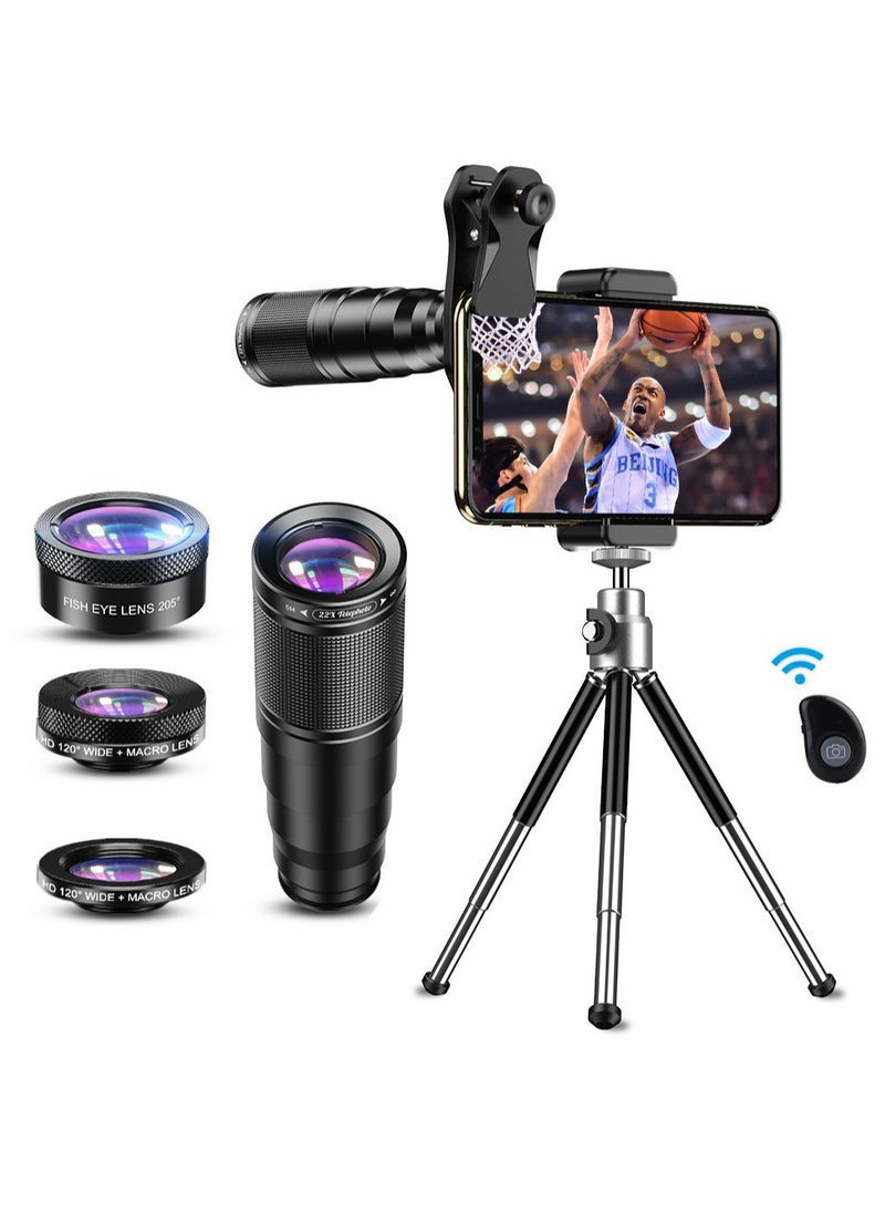 APEXEL 4 in 1 Optic HD Phone Camera Lens Kit Telephoto Zoom Monocular Telescope 22X Lens + Macro Wide Fisheye With Remote Tripod