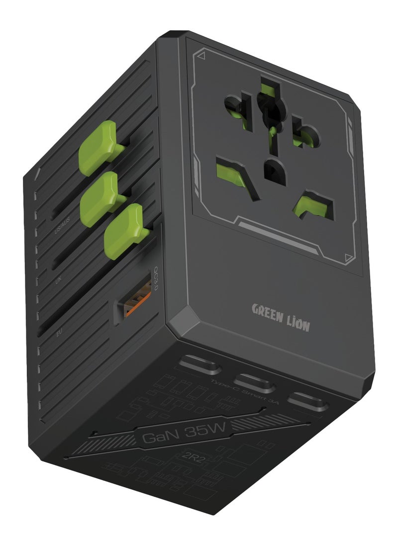 GaN Adapter 35W 6 in 1 and 2 in 2 Cable / 4-USB-C/1 USB-A / Fast Charging/ Universal AC Sockets / with Multi-Port USB Cable / 2500W Max /For Travel / Safe and Reliable Travel Adapter - Black