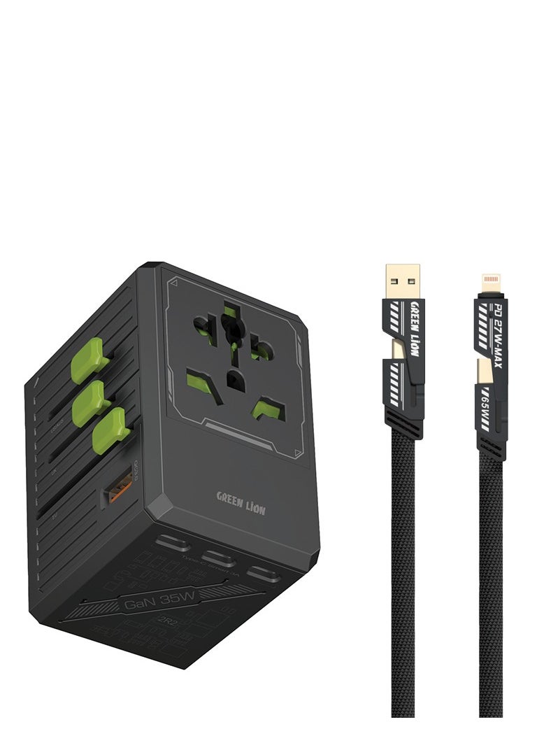 GaN Adapter 35W 6 in 1 and 2 in 2 Cable / 4-USB-C/1 USB-A / Fast Charging/ Universal AC Sockets / with Multi-Port USB Cable / 2500W Max /For Travel / Safe and Reliable Travel Adapter - Black