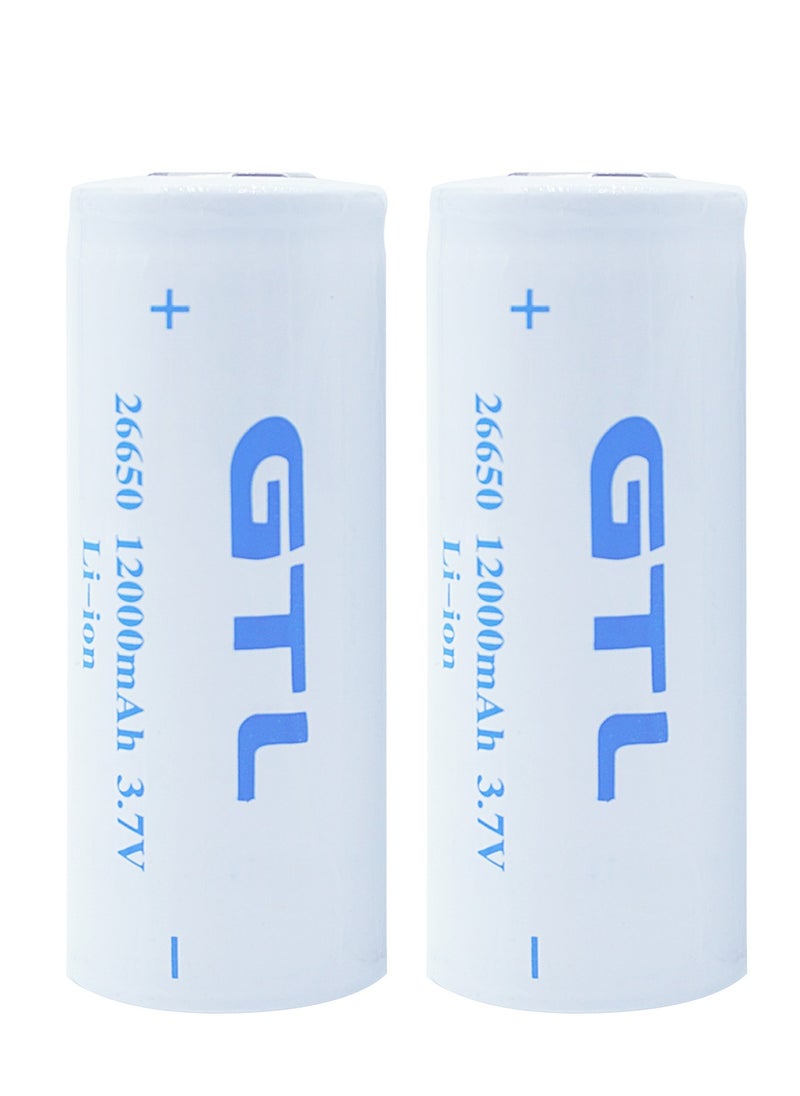 2PCS Rechargeable Battery(Flat Top),2 Pack 12000mAh 3.7V Li-ion 26650 Battery(not AA/AAA Battery) for Led Flashlight