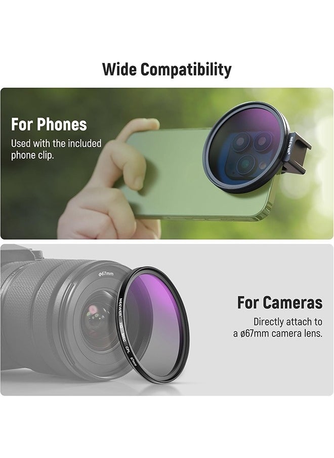 NEEWER 67mm CPL Filter for Phone, HD Polarizing Filter & Cold Shoe Phone Clip, with Carrying Pouch & Cleaning Cloth, Compatible with iPhone 16 15 Pro Max Plus 14 13 Samsung Galaxy S24 DSLR Cameras