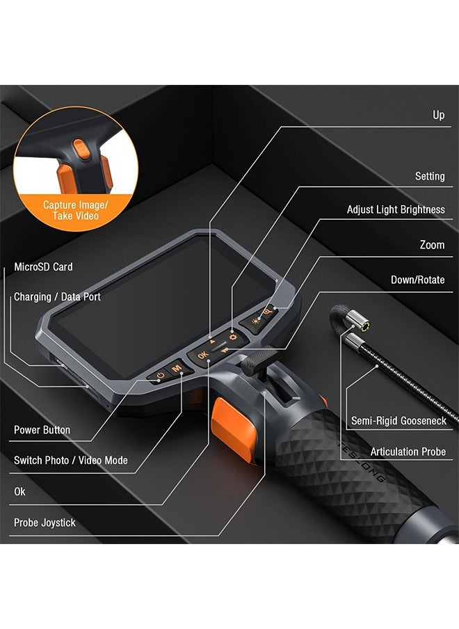 Teslong Two-Way Articulating Borescope with Light, Industrial Endoscope Inspection Camera with Articulated Probe, Flexible Mechanic Fiber Optic Snake Scope Cam for Wall Automotive Engine Inspect-5FT
