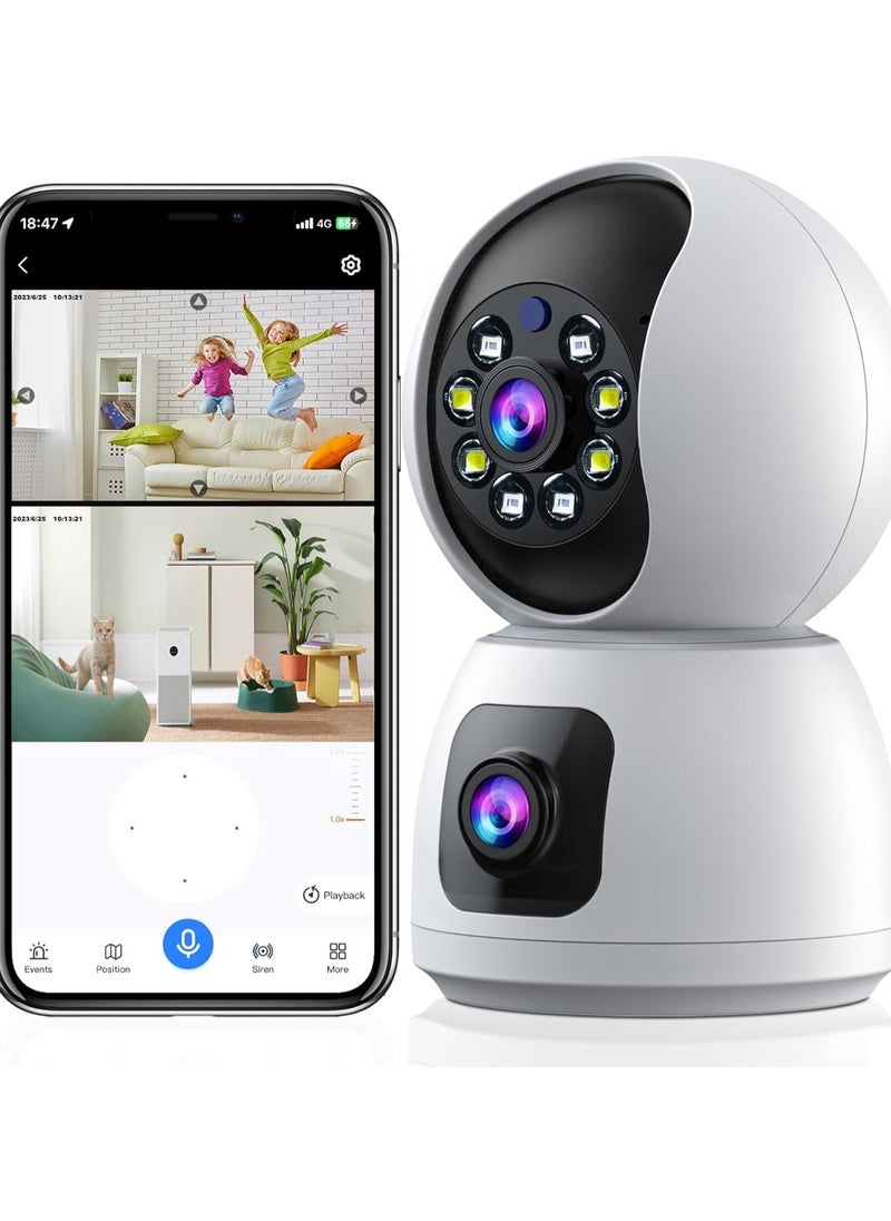 Dual-Lens Indoor Camera, 4MP 360° Dual Lens Smart Security Camera, WiFi Wireless Indoor Security Camera, Expanded Viewing Angle, Motion Tracking, Dual-Screen Display and Audio, Phone Alerts