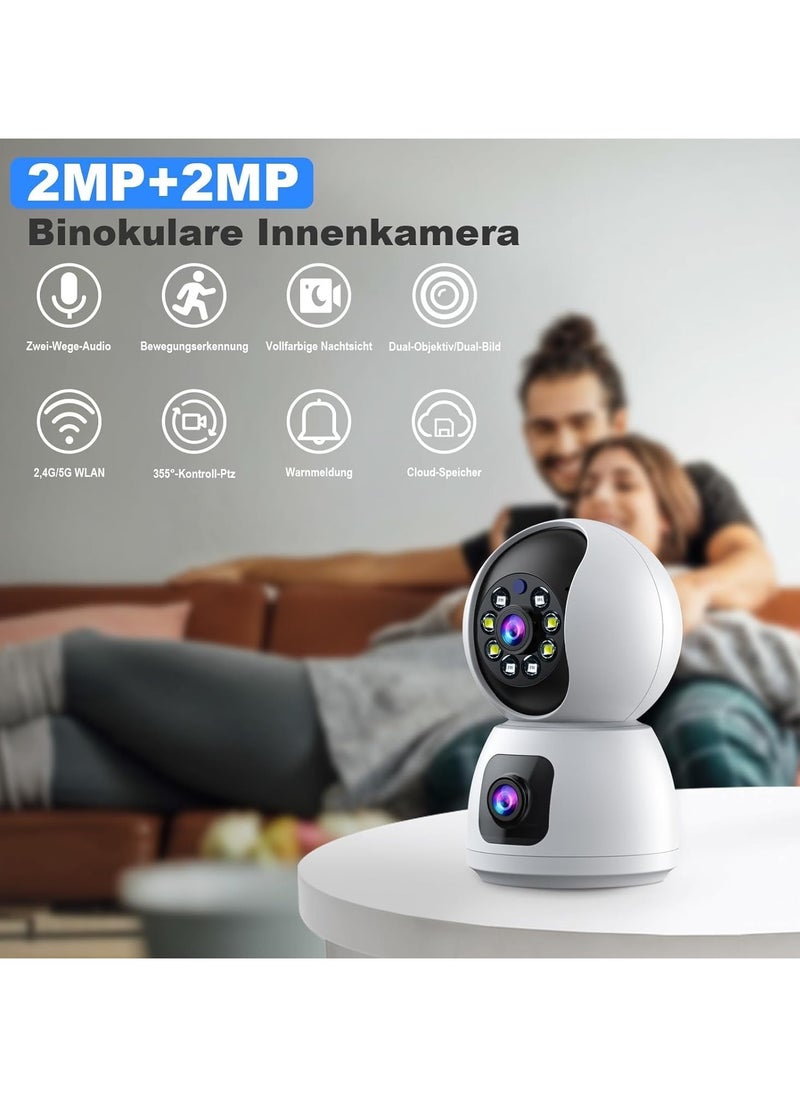 Dual-Lens Indoor Camera, 4MP 360° Dual Lens Smart Security Camera, WiFi Wireless Indoor Security Camera, Expanded Viewing Angle, Motion Tracking, Dual-Screen Display and Audio, Phone Alerts