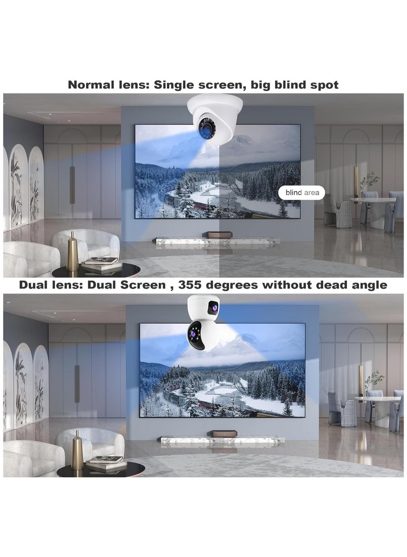 Dual-Lens Indoor Camera, 4MP 360° Dual Lens Smart Security Camera, WiFi Wireless Indoor Security Camera, Expanded Viewing Angle, Motion Tracking, Dual-Screen Display and Audio, Phone Alerts