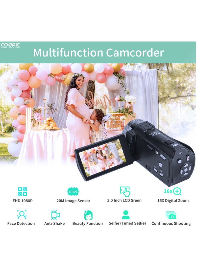 COOPIC V1000 3’’ TFT, Anti-Shake, 270° Screen Rotation, Full HD 1080P Digital Video Camera | 30MP Photo, 16X Zoom, Night Vision, Compatible with Windows XP/7/8/10 for Photography and Videography