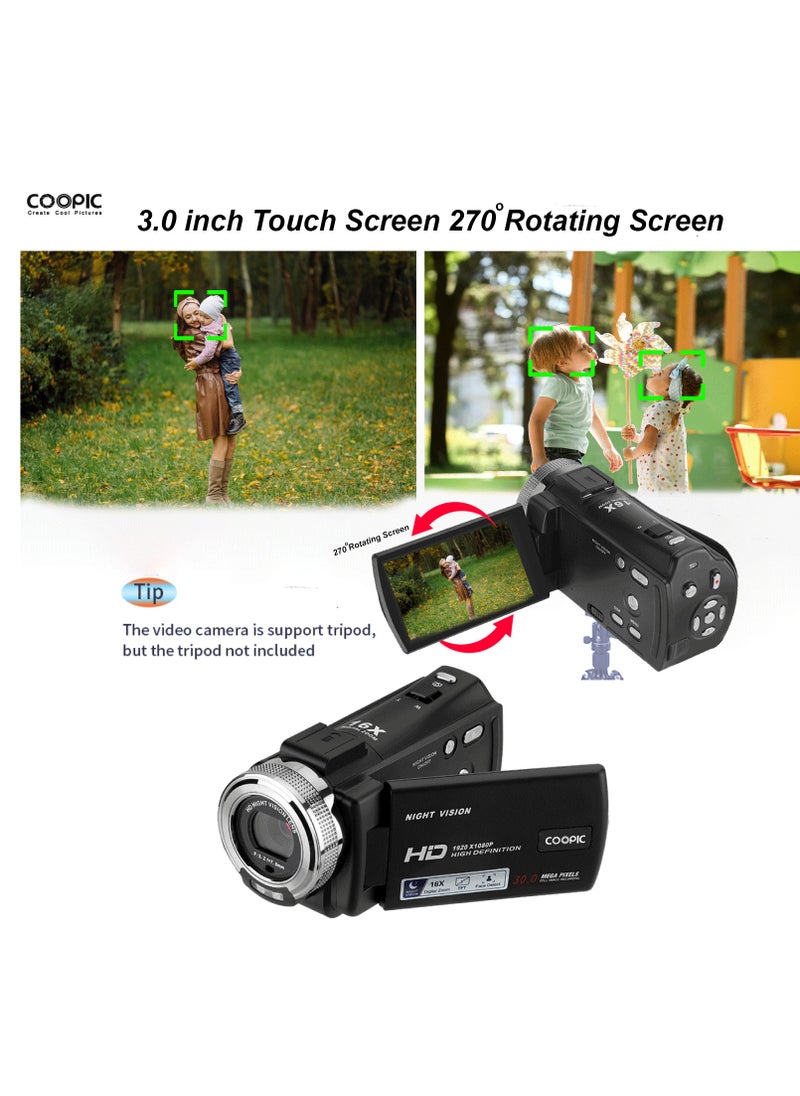 COOPIC V1000 3’’ TFT, Anti-Shake, 270° Screen Rotation, Full HD 1080P Digital Video Camera | 30MP Photo, 16X Zoom, Night Vision, Compatible with Windows XP/7/8/10 for Photography and Videography