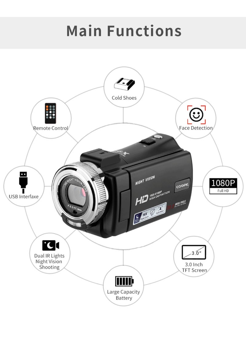 COOPIC V1000 3’’ TFT, Anti-Shake, 270° Screen Rotation, Full HD 1080P Digital Video Camera | 30MP Photo, 16X Zoom, Night Vision, Compatible with Windows XP/7/8/10 for Photography and Videography