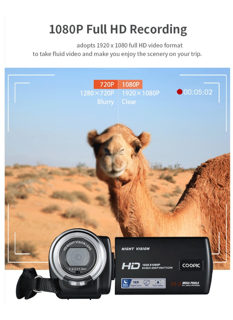 COOPIC V1000 3’’ TFT, Anti-Shake, 270° Screen Rotation, Full HD 1080P Digital Video Camera | 30MP Photo, 16X Zoom, Night Vision, Compatible with Windows XP/7/8/10 for Photography and Videography