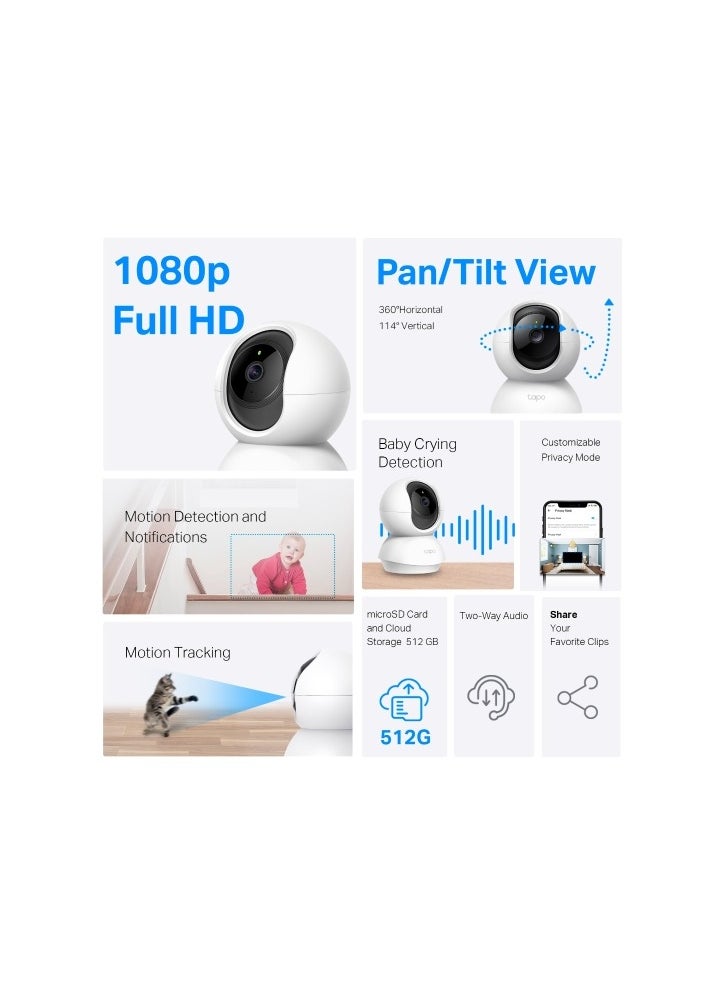 Tapo C200 Pan/Tilt 1080p Full HD Home Security Wi-Fi Camera Live View And Two-Way Audio Night Vision Motion Detection Baby Monitor MicroSD Card Support Works With Google Assistant And Amazon Alexa Remote Management By App