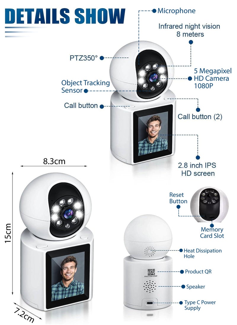 Video Calling Camera Smart WiFi Camera 2.8 Inch IPS Screen, Two-Way Video Talk, 1080P Wireless Camera