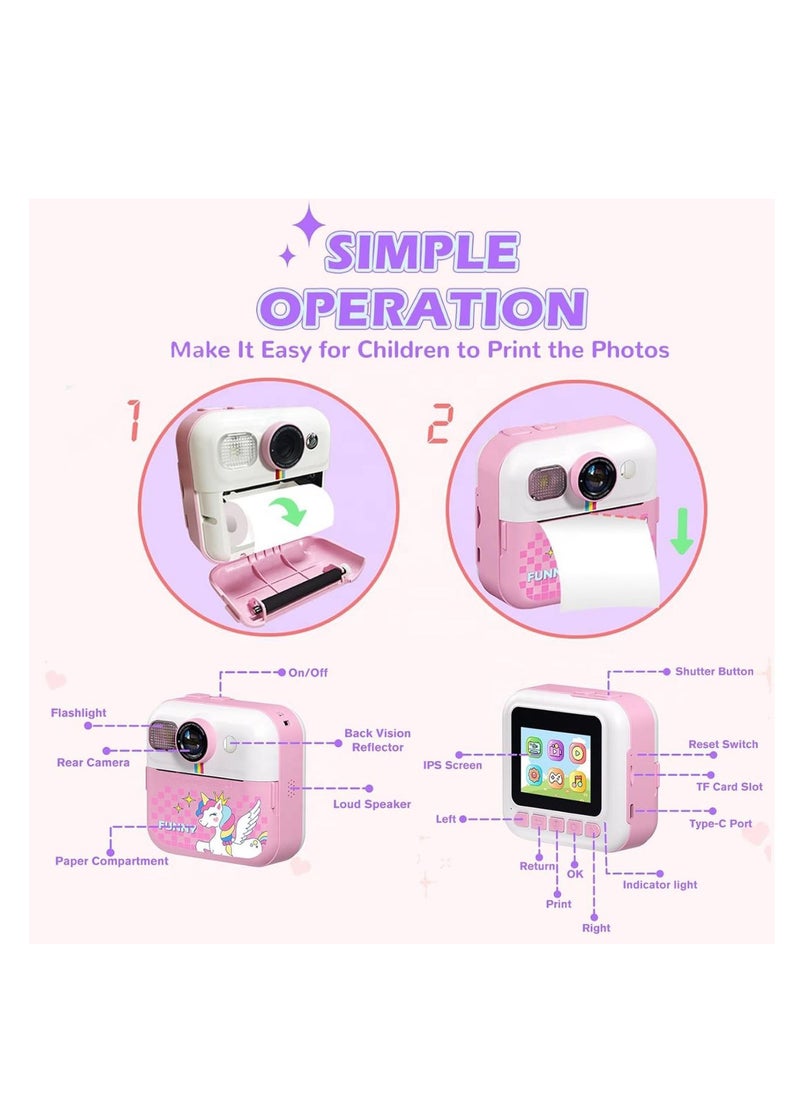 Children's Camera Instant Camera 1080P 2.4 Inch Screen Instant Camera Children with Printing Paper & 32GB TF Card, Digital Camera Children with Colourful Pens Gift.