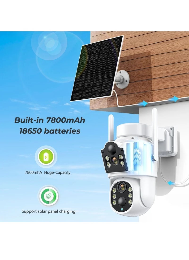 4MP Dual Lens Solar Wi-Fi Security Camera, HD Color Night Vision, IP66 Waterproof, Motion Detection, Motion Tracking, 7800 mAh High Capacity Battery, PTZ Control, Dual Monitoring Solar Outdoor Camera