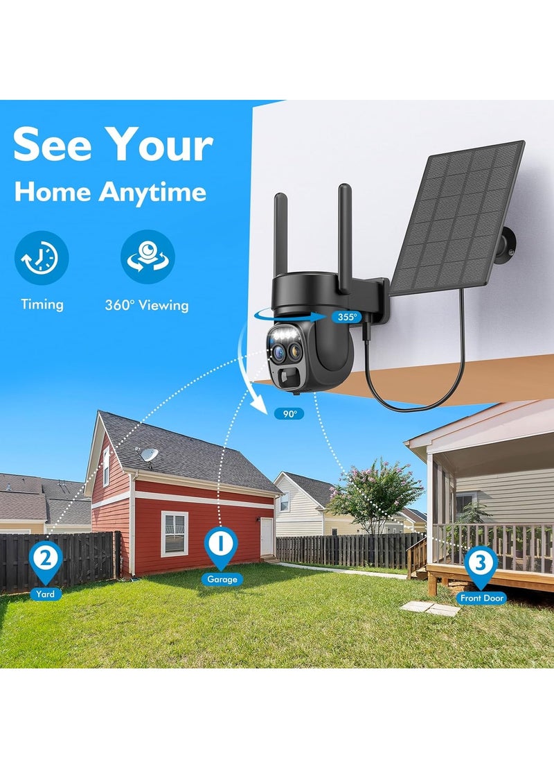 Solar Security Wireless Outdoor Camera,10X Zoom,2K Resolution 360° Pan Tilt Control,WiFi Battery Powered Camera with Spotlight Siren PIR Motion Detection