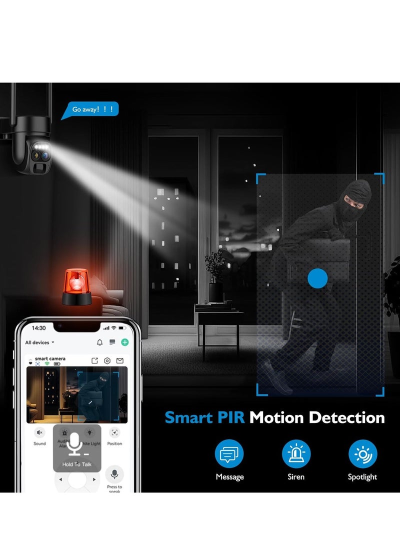 Solar Security Wireless Outdoor Camera,10X Zoom,2K Resolution 360° Pan Tilt Control,WiFi Battery Powered Camera with Spotlight Siren PIR Motion Detection