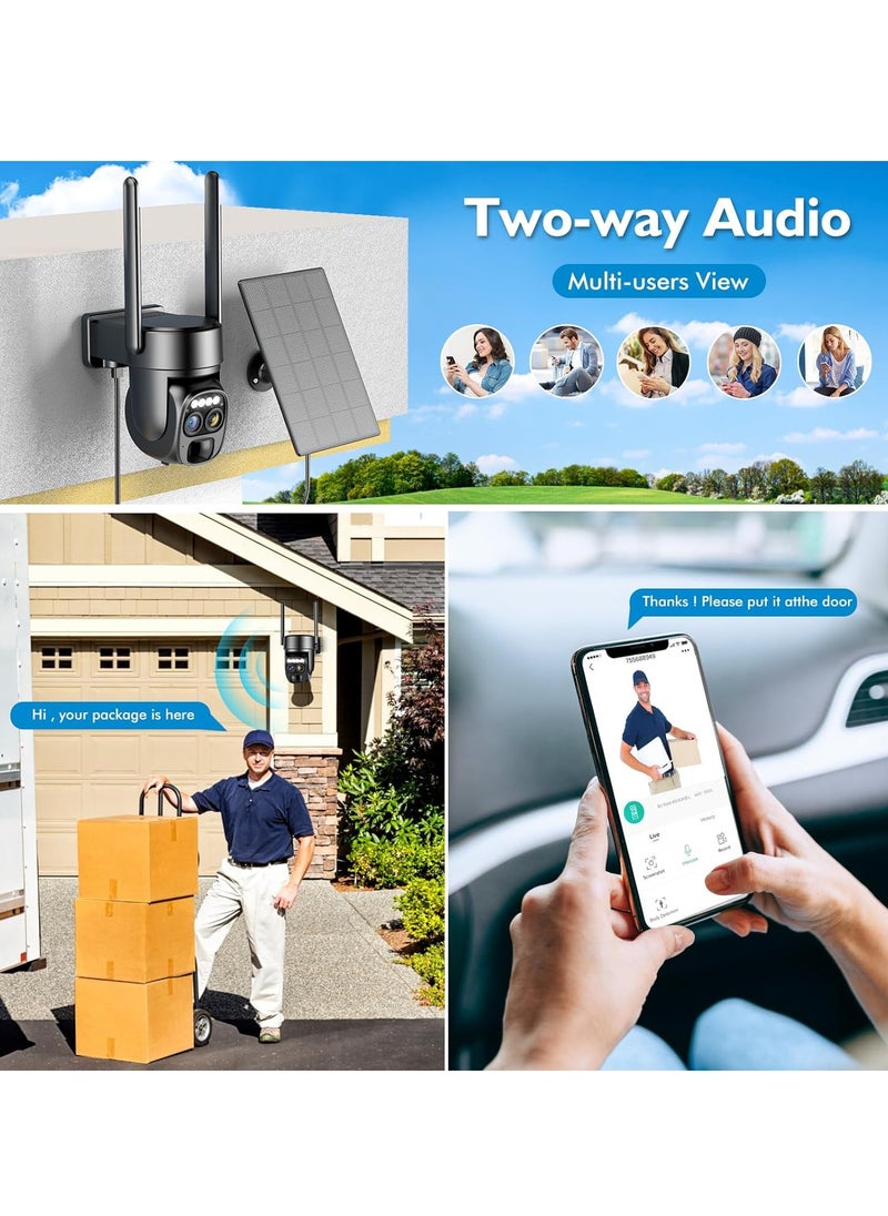 Solar Security Wireless Outdoor Camera,10X Zoom,2K Resolution 360° Pan Tilt Control,WiFi Battery Powered Camera with Spotlight Siren PIR Motion Detection