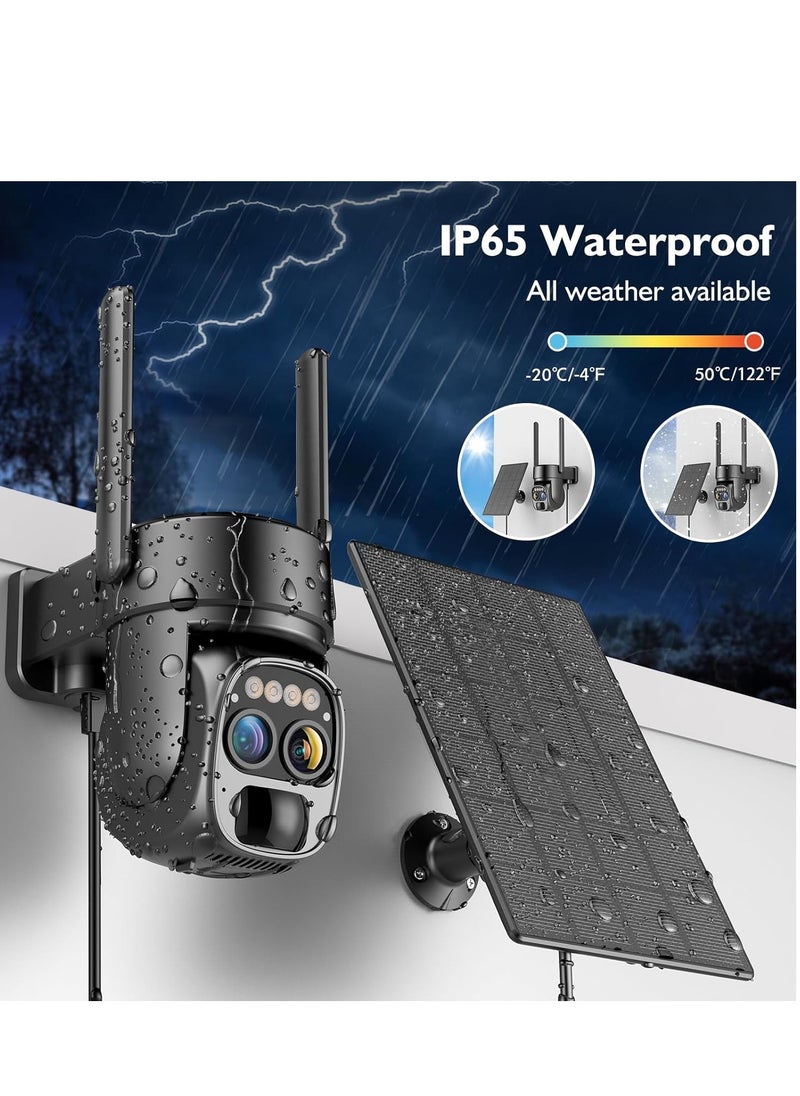 Solar Security Wireless Outdoor Camera,10X Zoom,2K Resolution 360° Pan Tilt Control,WiFi Battery Powered Camera with Spotlight Siren PIR Motion Detection