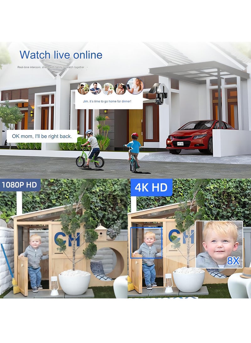 Solar Security Wireless Outdoor Camera,10X Zoom,2K Resolution 360° Pan Tilt Control,WiFi Battery Powered Camera with Spotlight Siren PIR Motion Detection
