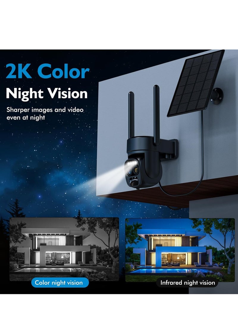 Solar Security Wireless Outdoor Camera,10X Zoom,2K Resolution 360° Pan Tilt Control,WiFi Battery Powered Camera with Spotlight Siren PIR Motion Detection
