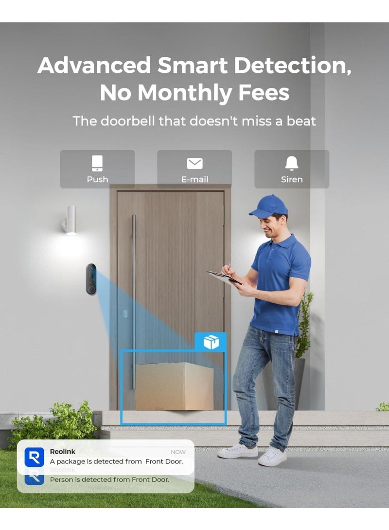 Wireless 2K Battery Video Doorbell Camera, 150°x150° Head-to-Toe View, 2.4/5 GHz WiFi, Battery or Wired Power Options, Two-Way Talk, Person/Vehicle/Package Detection(Chime not Included)