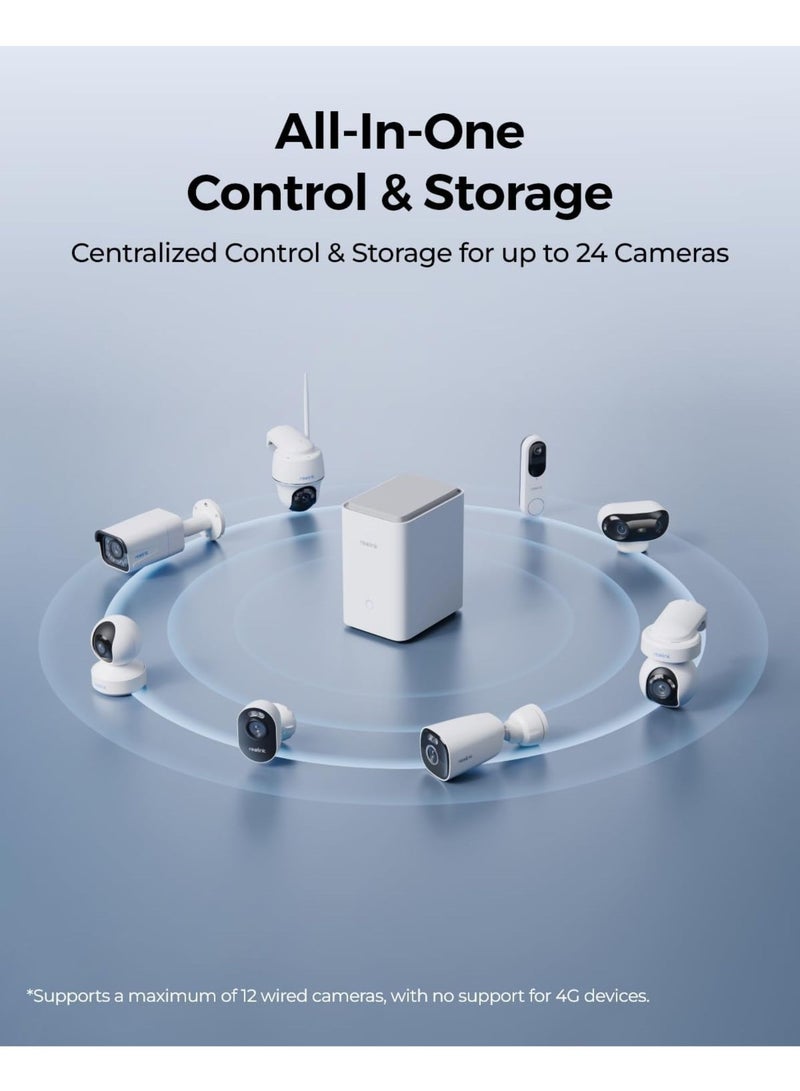 Home Hub Pro, Centralized Control for up to 24 Security Cameras, up to 16TB HDD Storage, 2TB HDD Included, AES-128 Encryption, 16MP Streaming, Wi-Fi 6, and 120dB Siren. No Monthly Fees