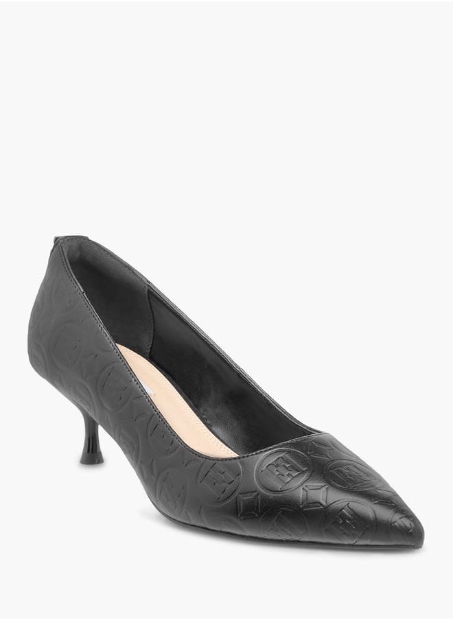 Womens Monogram Embossed Slip-On Pumps With Kitten Heels