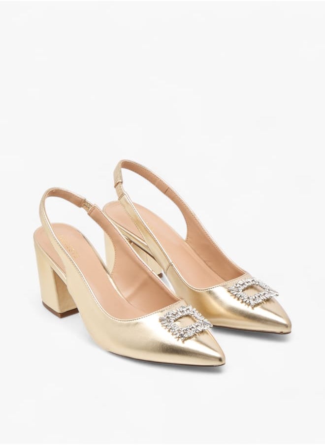 Women's Solid Slingback Shoes with Block Heels and Embellished Accent Ramadan Collection